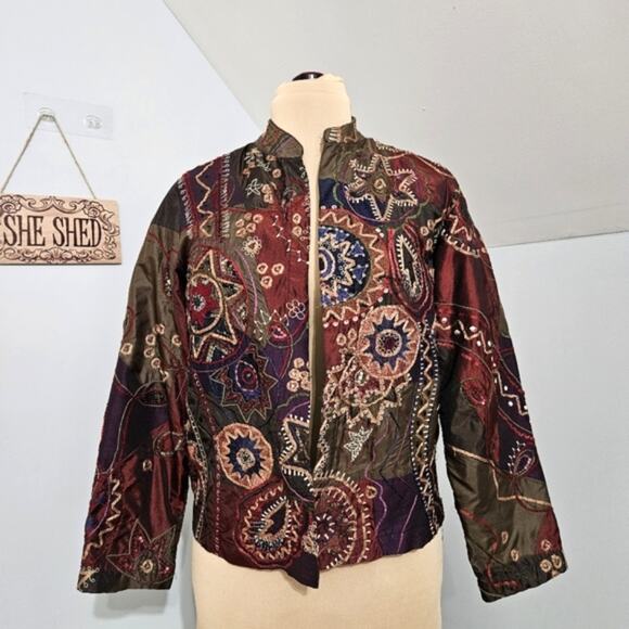 Chico's Silk Embroidered Sequin Multi Sun Motif Eclectic Whimsical Open Blazer M - Picture 1 of 12